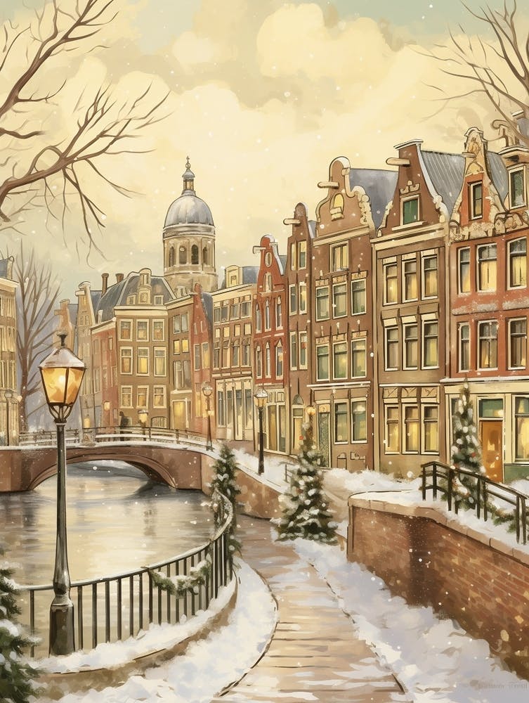 Vintage Winter Illustration Amsterdam Netherlands 3
