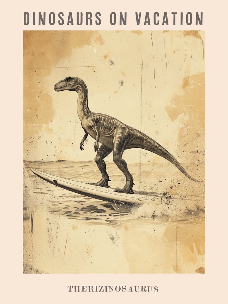 Vintage Therizinosaurus On A Surf Board 1 Poster