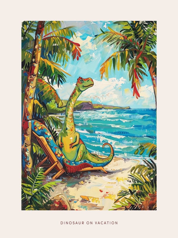 Dinosaur On A Sun Lounger On The Beach 1 Poster