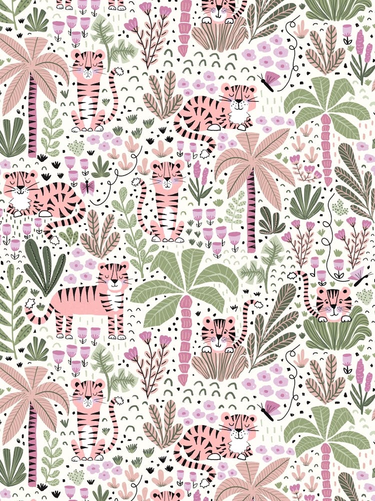 Happy Pink Tigers in the Palm Tree Jungle on White