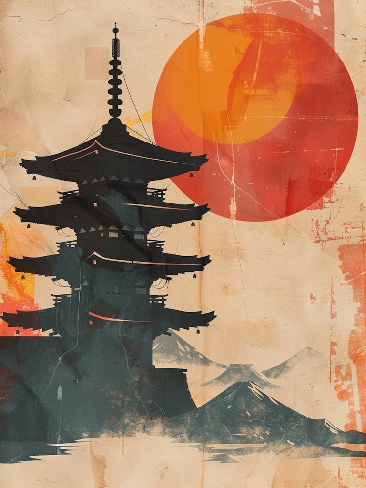 Japanese Castle At Sunset Mid Century Modern