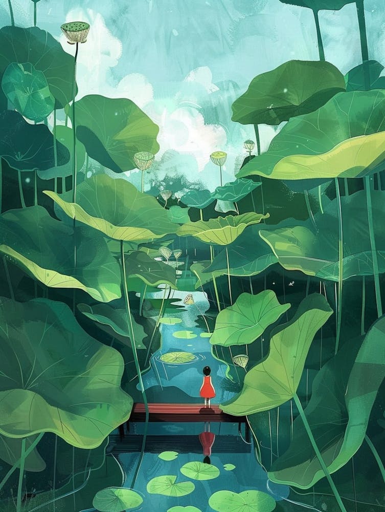 A Lot Of Lotus Leaves Came Out Of The Water And A Little Girl In A Red Dress Walked On The Bridge Under The Big Lotus Leaves And Through The Water