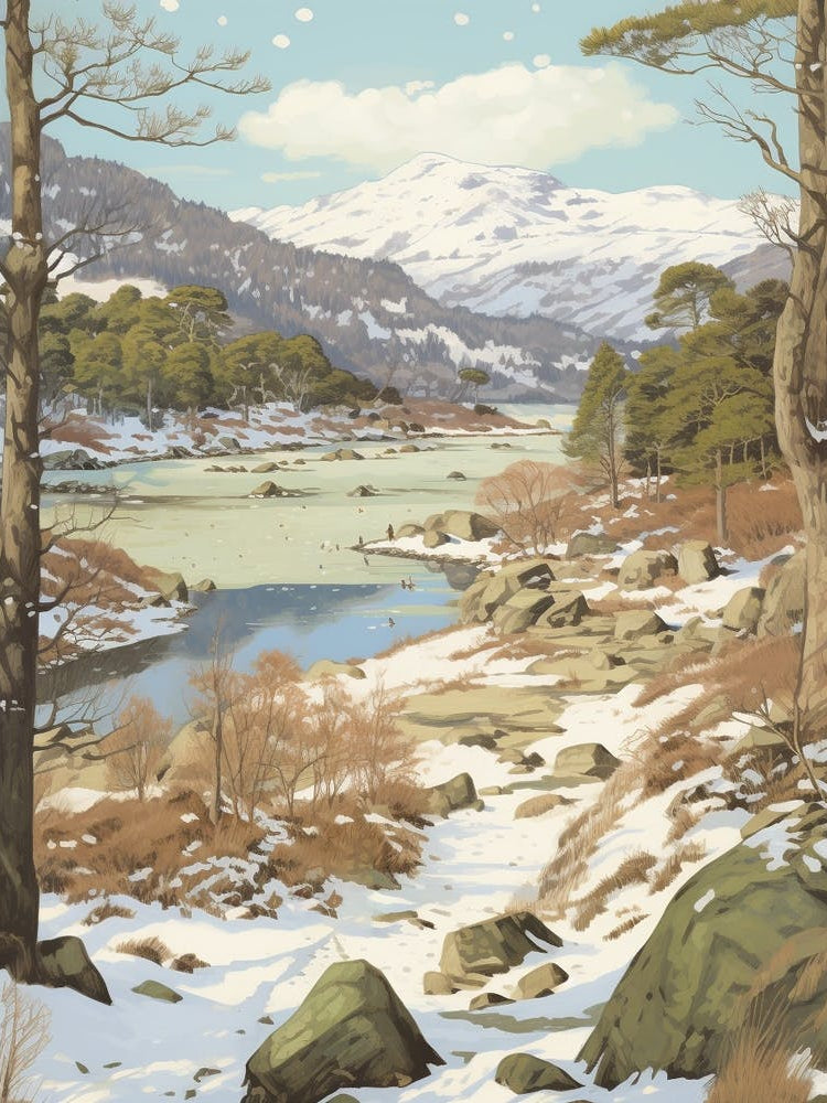Vintage Winter Illustration Snowdonia National Park United Kingdom 2