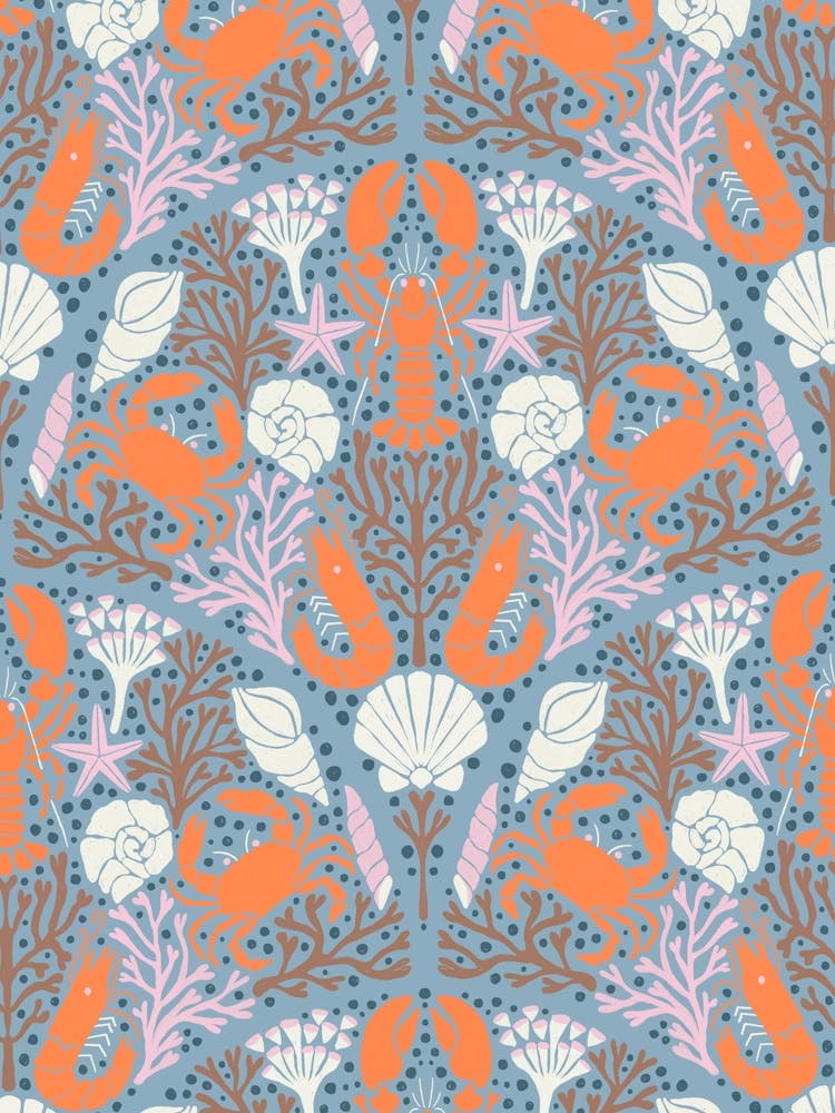 Nautical Damask Coral and Crustaceans Vibrant Ocean on Blue