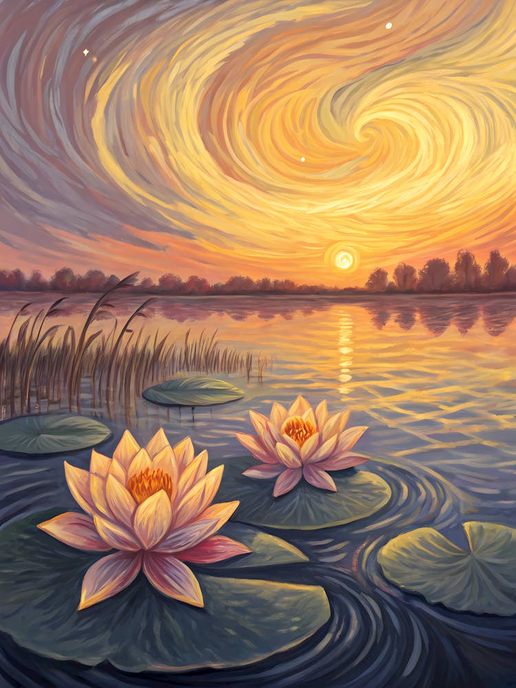 Van Gogh Water Lilies Surreal Sunset Pond