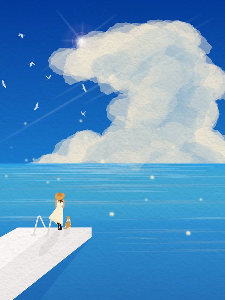 Minimal art Illustration Of A Woman Standing On A Dock at the beach