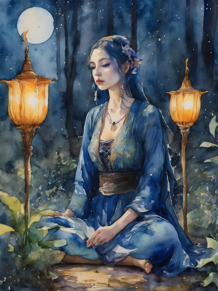 Elven Lady ~ Blue Lotus Yoga Meditating Sacred Space Witch Pagan Watercolor Painting Full Moon