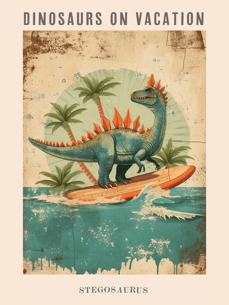 Vintage Stegosaurus Dinosaur On A Surf Board 3 Poster