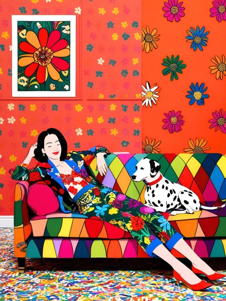 Woman Laying On A Colorful Couch