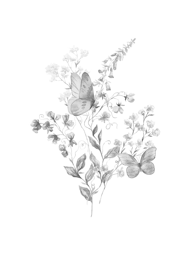 Black And White Drawing Of Flowers And Butterflies