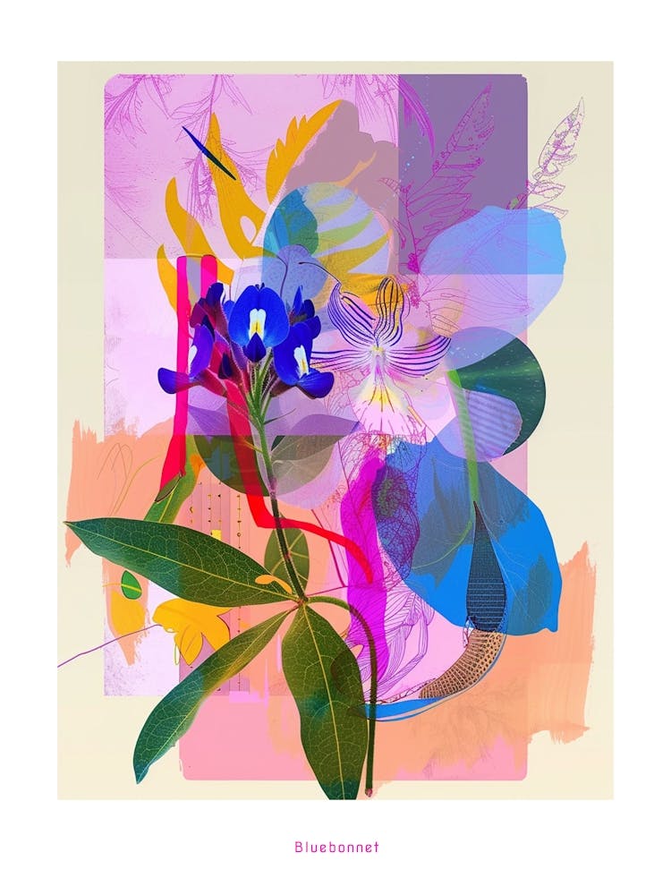 Bluebonnet 3 Neon Blumen Collage Poster