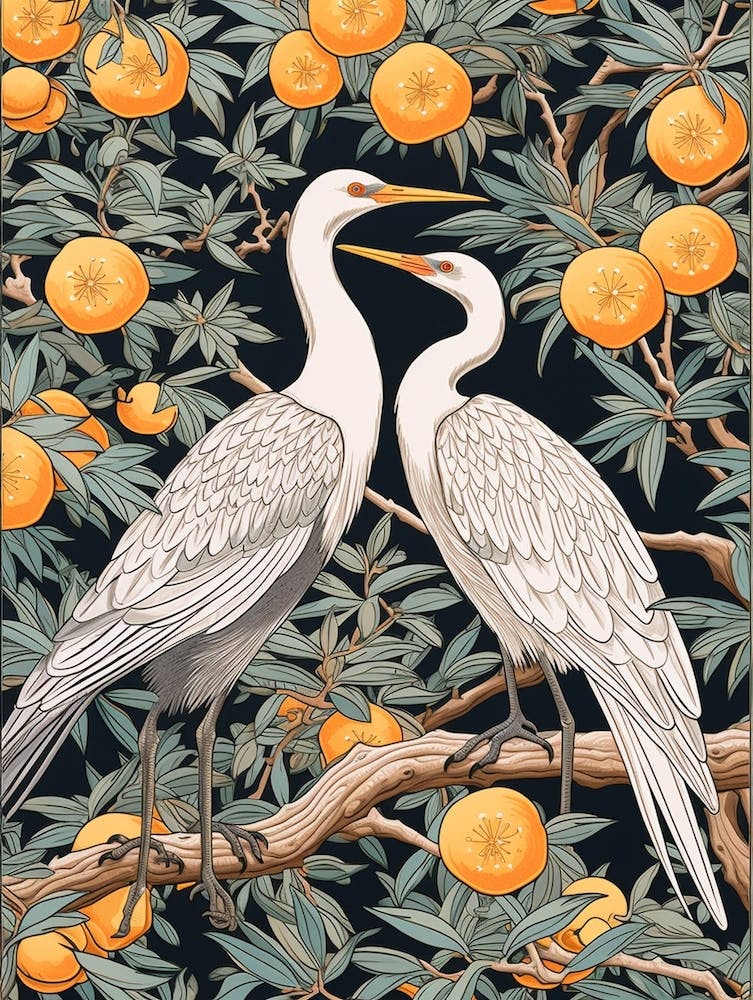 Mandarin Oranges And Cranes Vintage Japanese Botanical