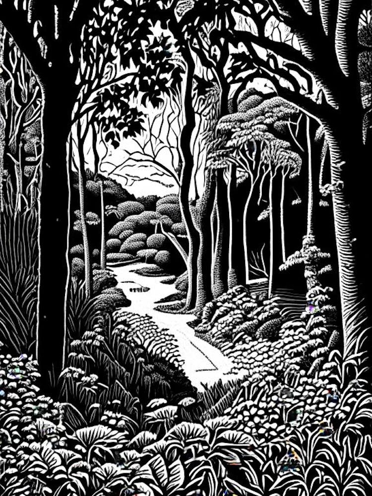 Bois Des Moutiers, France Linocut Black And White Vintage