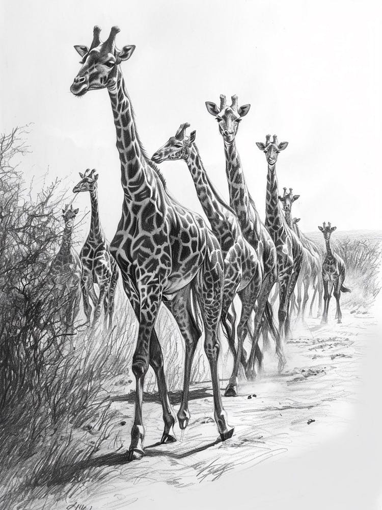 Herd Of Giraffes In The Grass Pencil Drawing 1