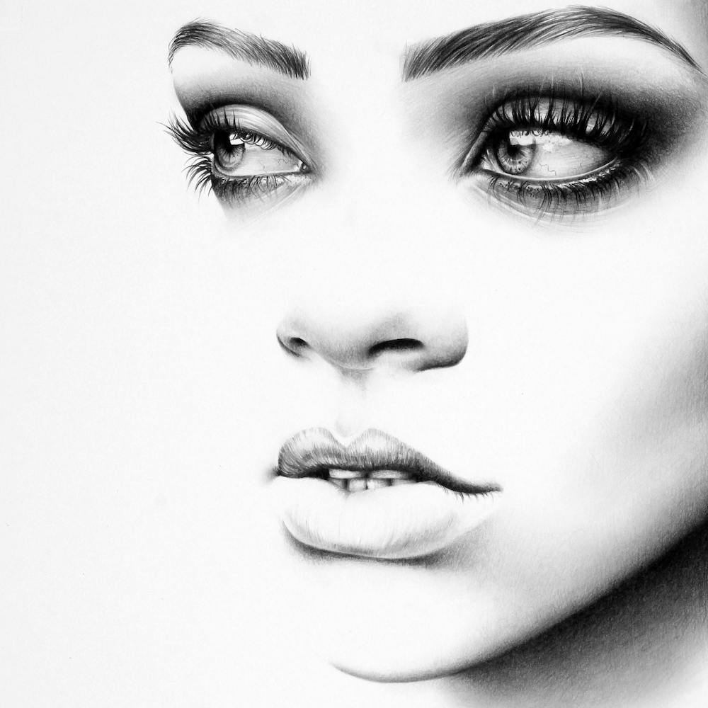 Rihanna Portrait Crayon Minimaliste Art Traditionnel Noir et Blanc