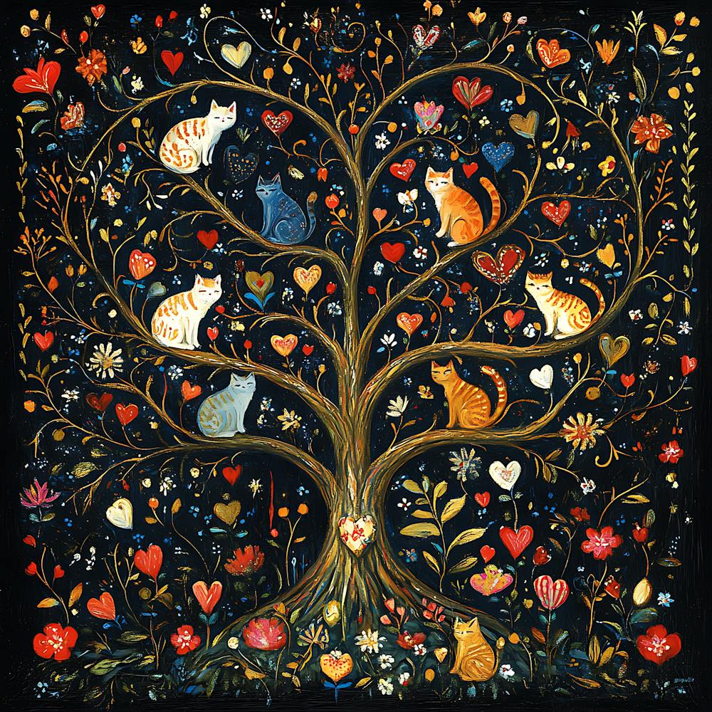 Folk Art Heart Tree Cat Climbing Artwork 3