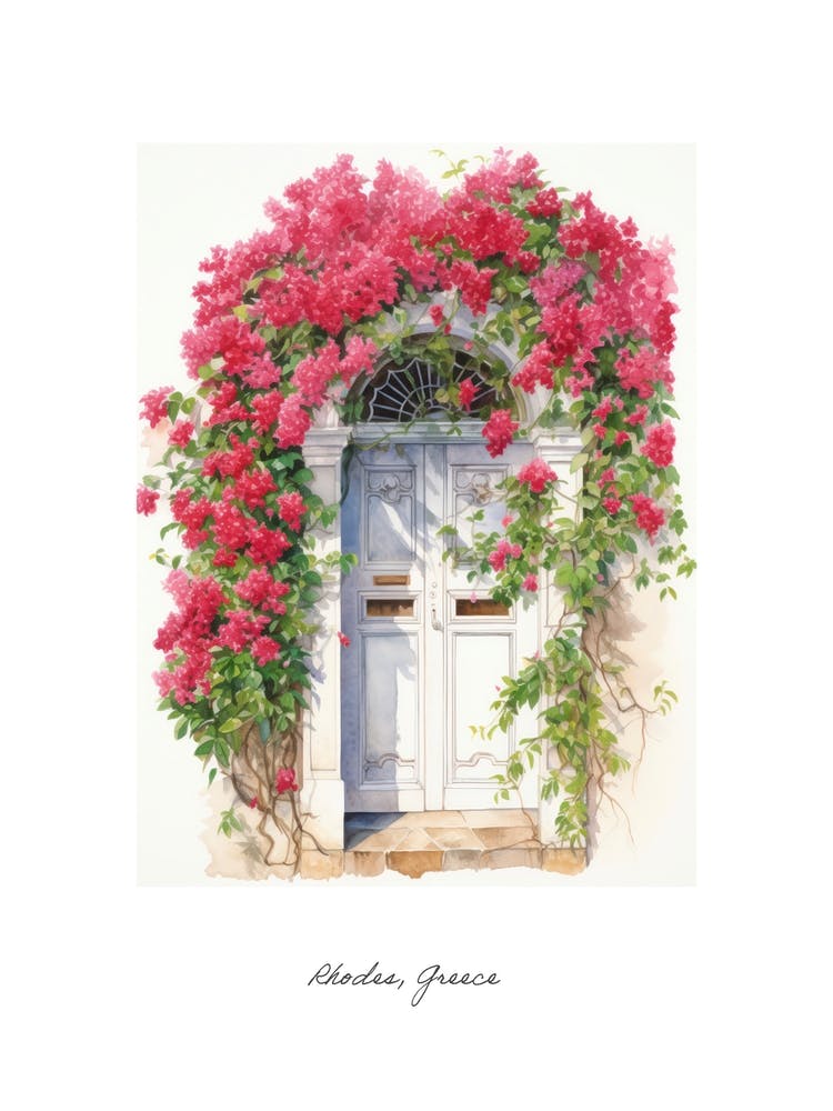 Rhodes, Greece   Mediterranean Doors Watercolour Painting 1 Poster