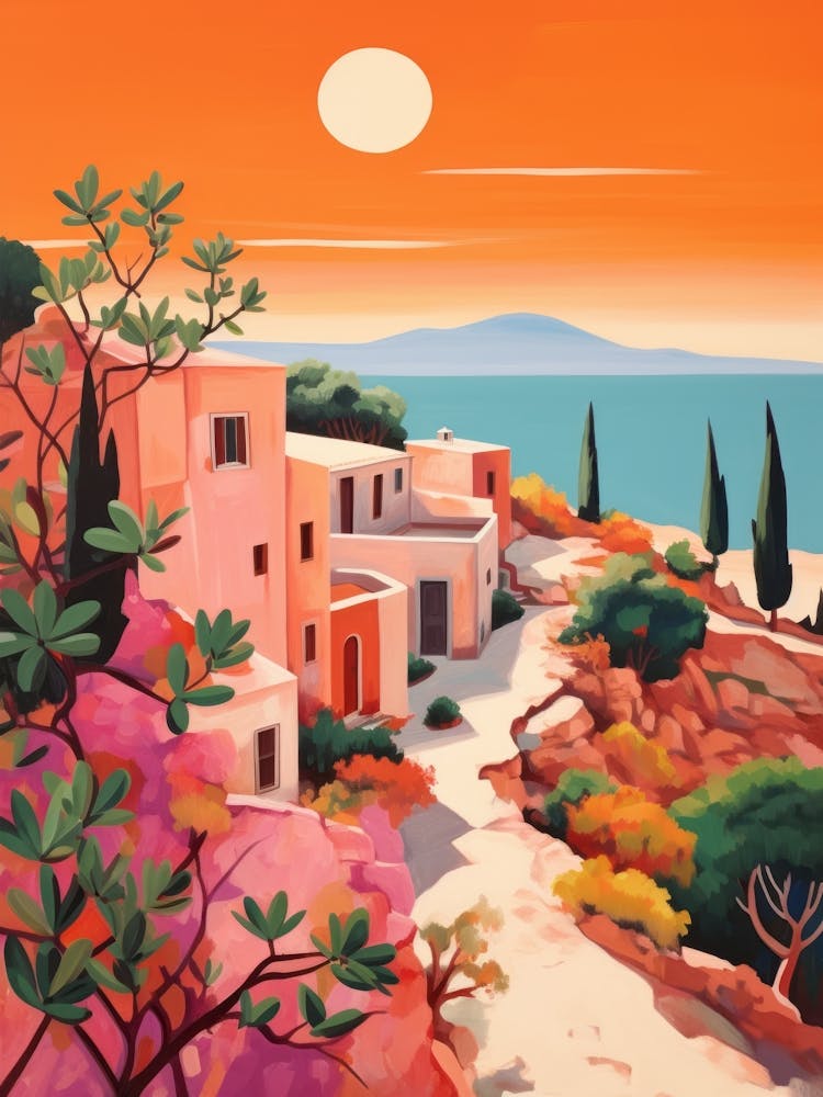 Greece Sunset by the Sea. Retro Landscape. Travel 