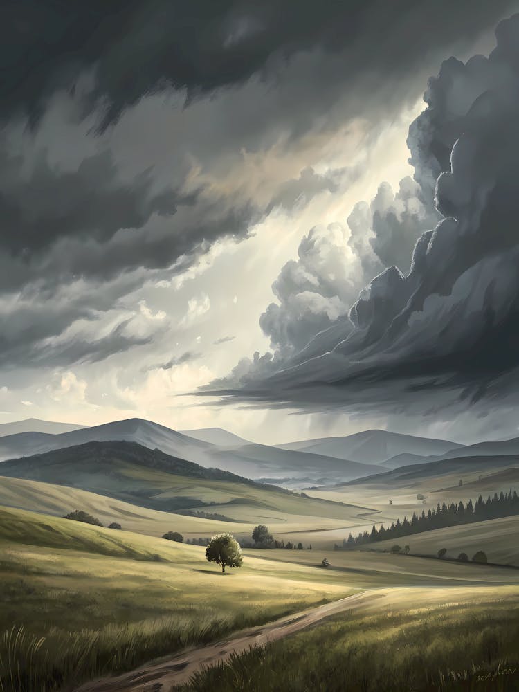 Muted Stormy Sky Above Open Field With Hills
