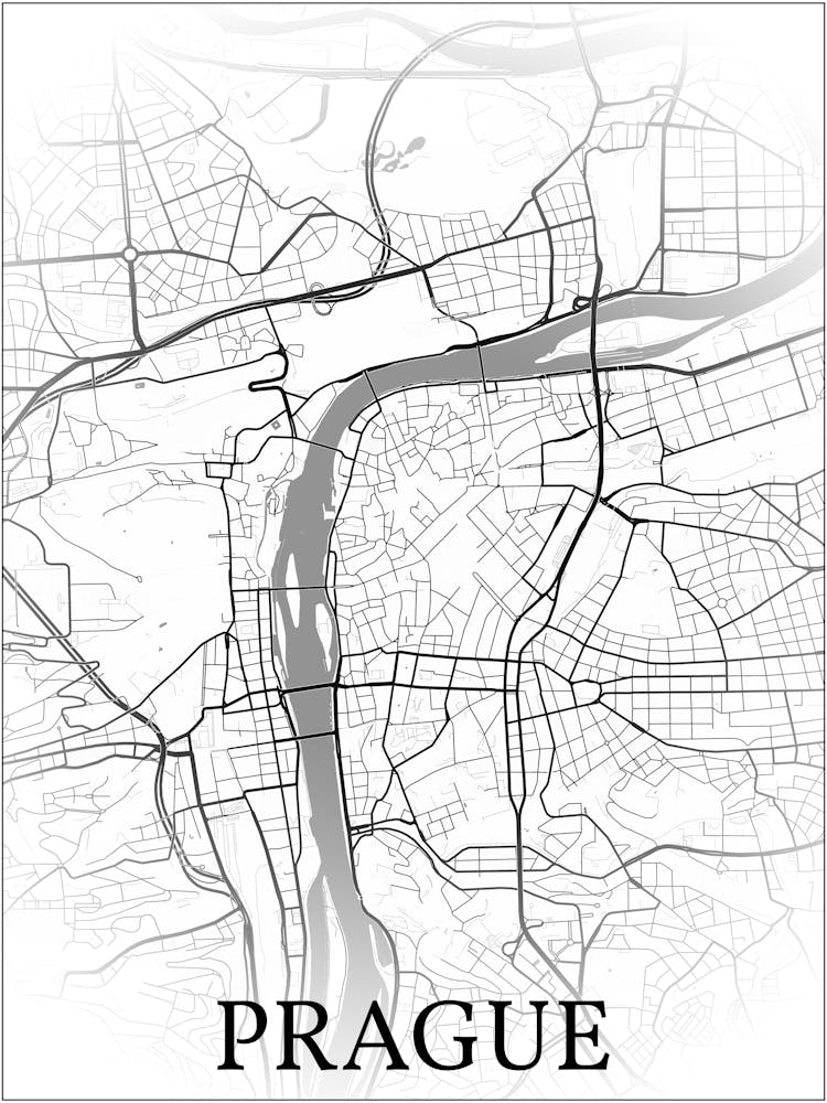Prague, Czech Republic, City Map, Black And White Fade Design