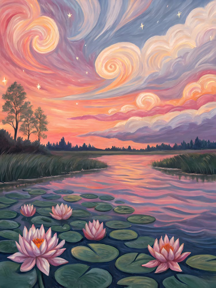 Van Gogh Étang de Lotus Ciel de Coucher de Soleil Vibrant et Nuages Tourbillonnants
