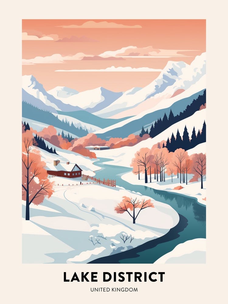 Vintage Winter Travel Poster Lake District United Kingdom 6