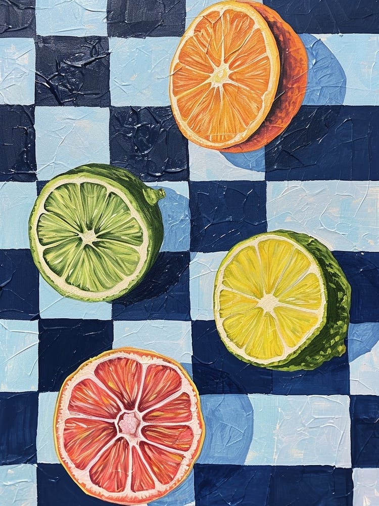 Citrus Fruit Blue Checkerboard 3