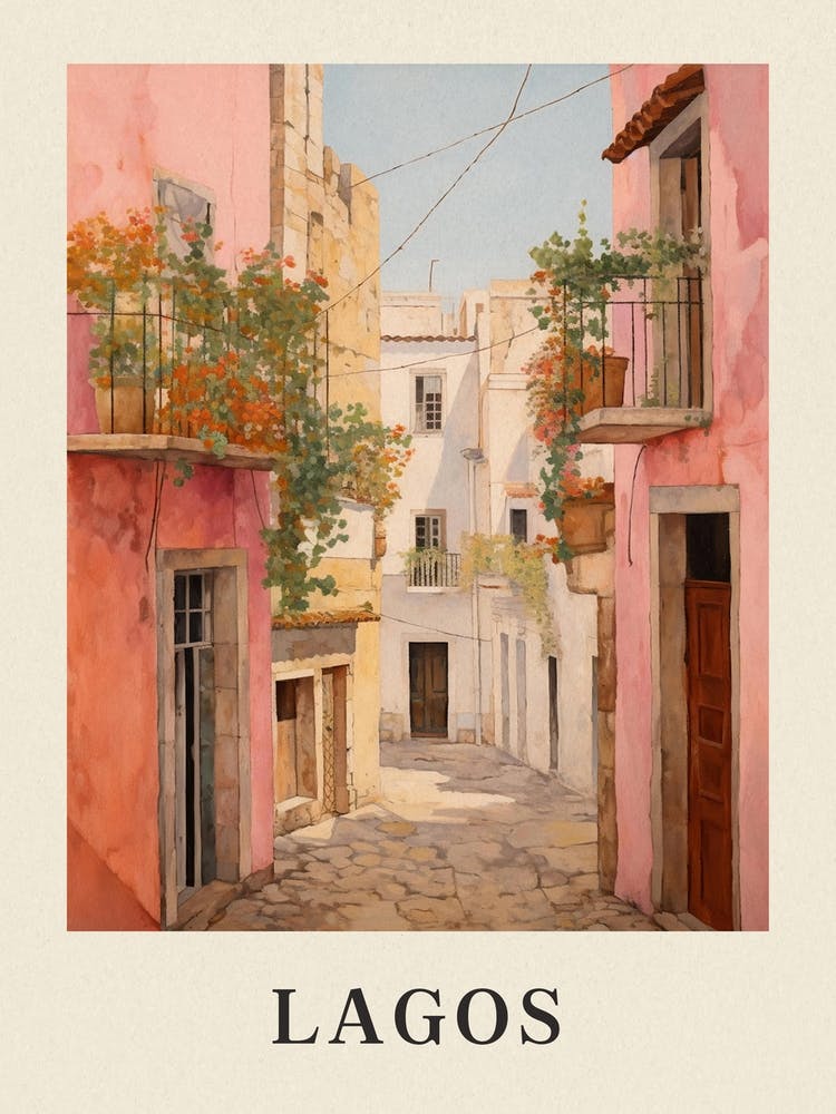 Lagos Portugal 3 Vintage Pink Travel Illustration Poster
