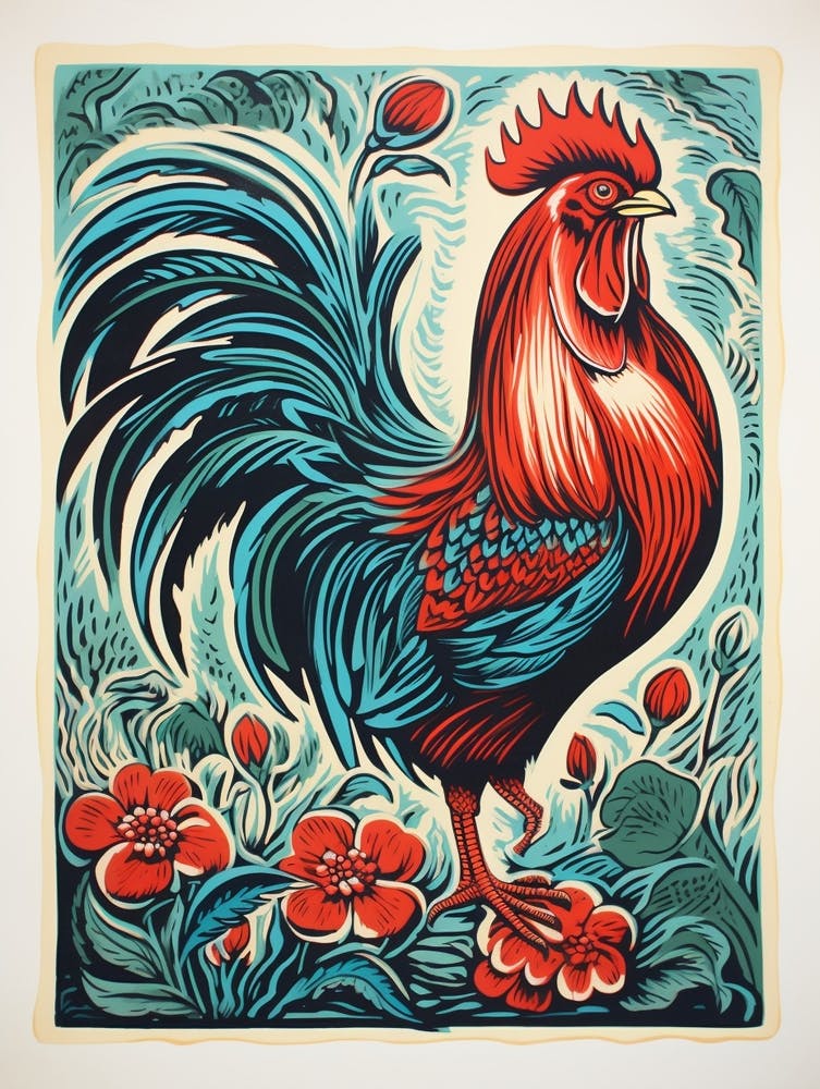 Vintage Bird Linocut Rooster 1