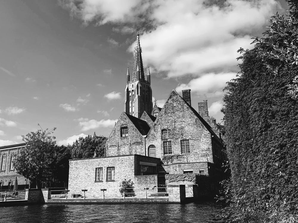 Church in Black and White On The Water in Bruges, Belgium 
