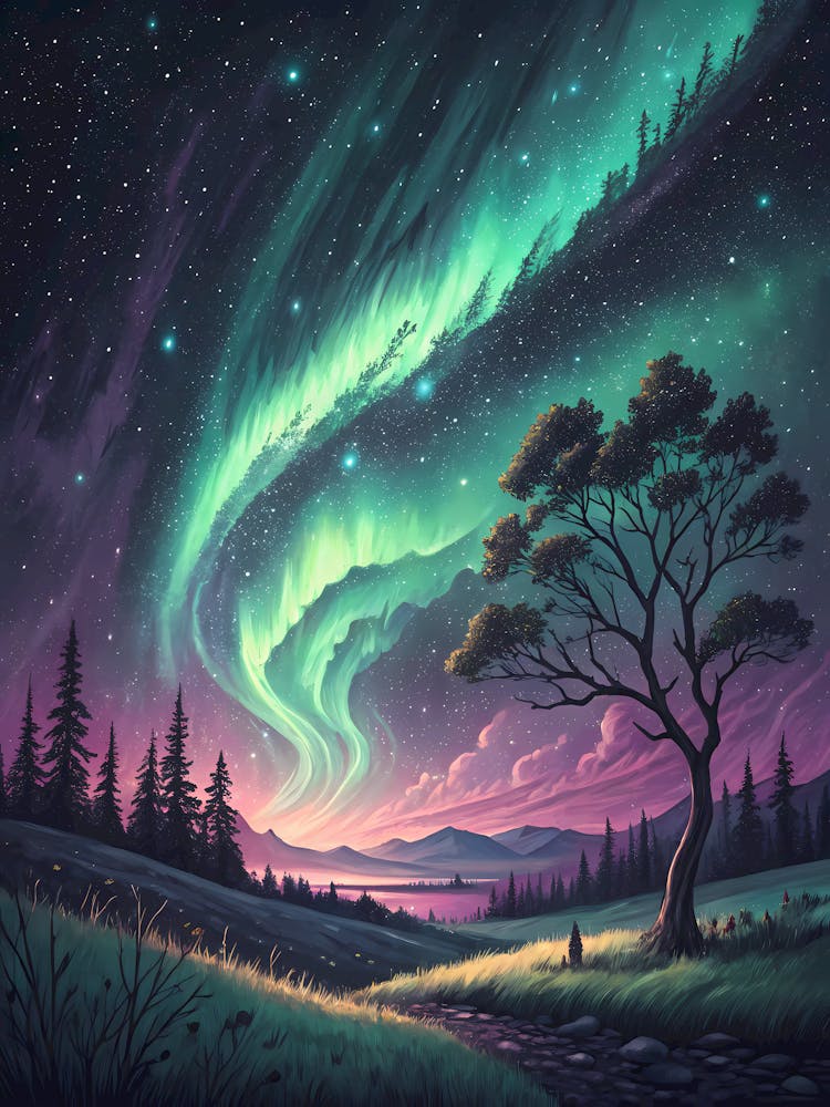 A Glowing Aurora Borealis Over a Forest Oil Painting Style