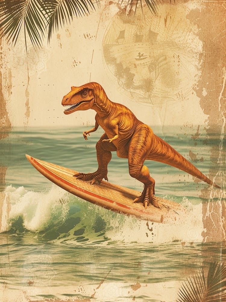 Vintage Dinosaurier Auf Einem Surfbrett