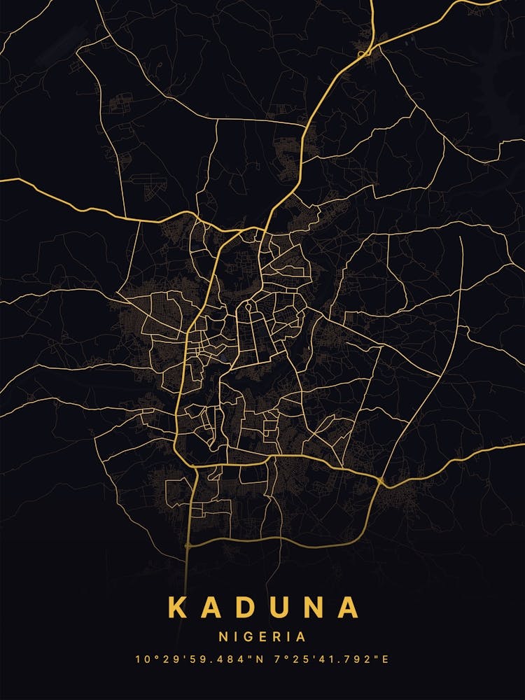 Kaduna Nigeria Black And Gold Map