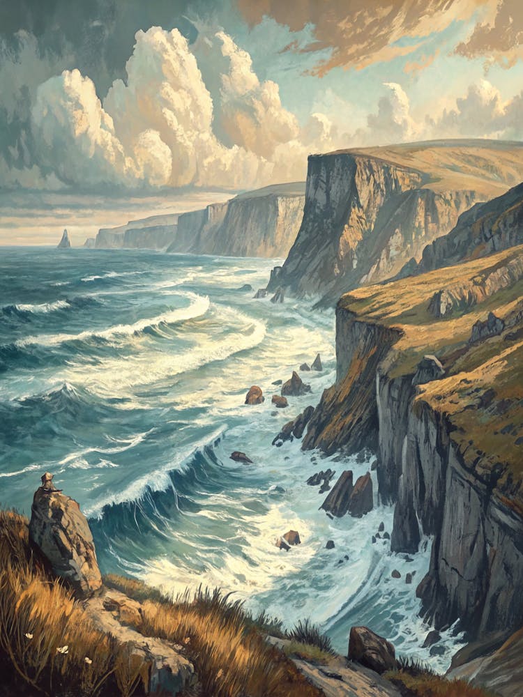 Oil Painting Style Windy Coastline With Cliffs