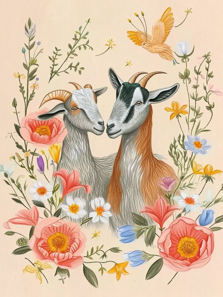 Folksy Floral Animal Drawing Goat 5