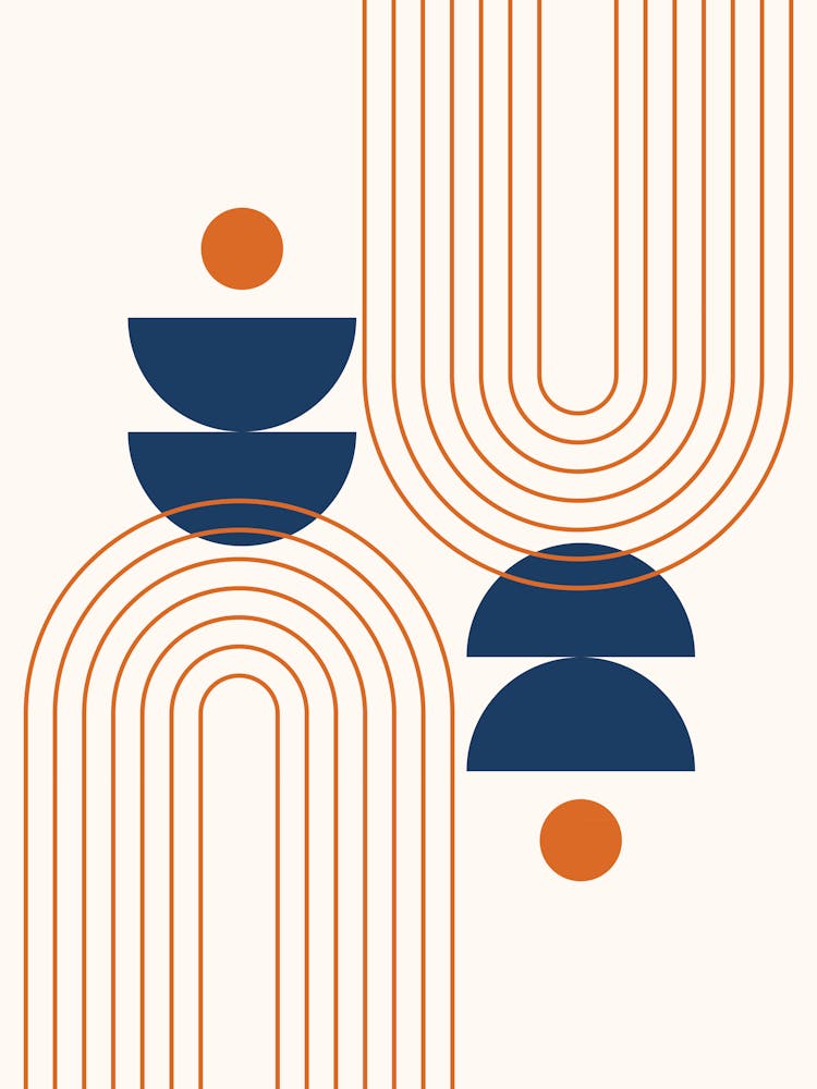 Modern Mid Century Sun, Moon Phases and Rainbow Abstract 16 in Navy Blue and Burnt Orange