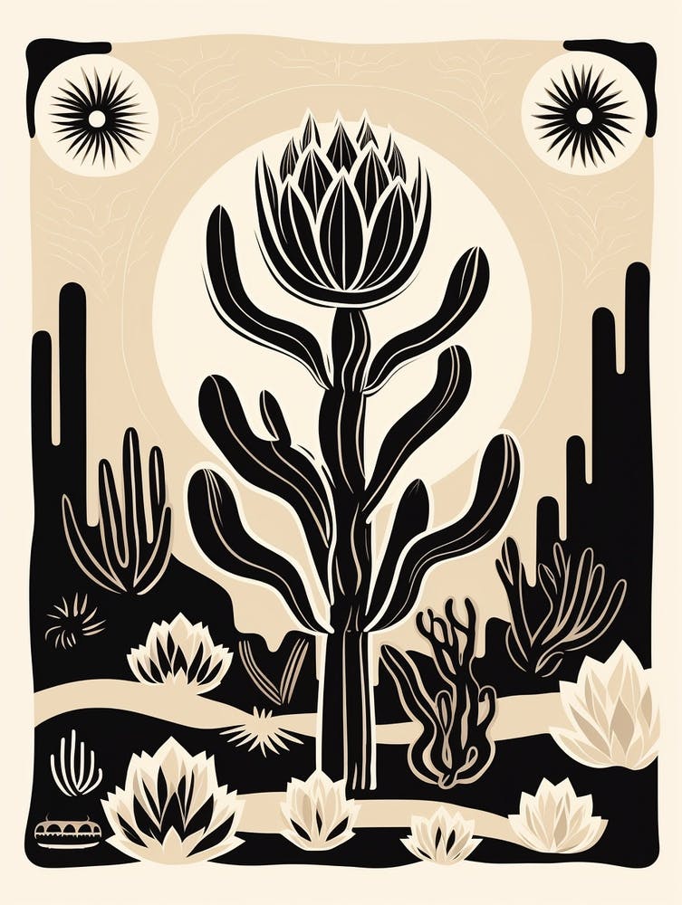 B&W Cactus Illustration Echinocereus Cactus 1