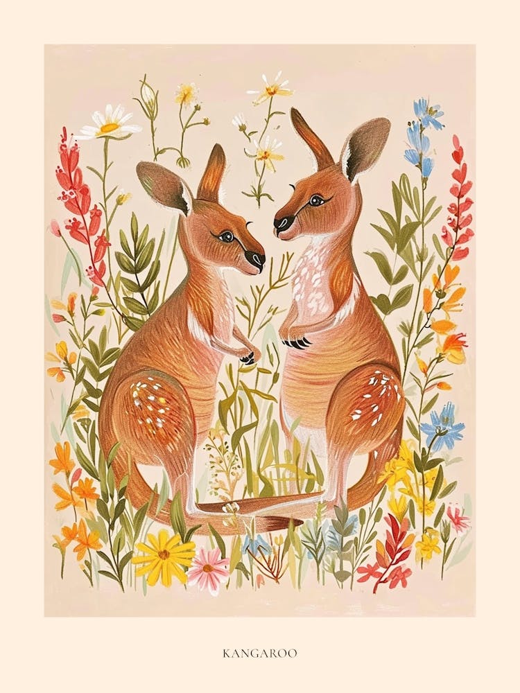 Folksy Floral Animal Drawing Kangaroo 2 Poster