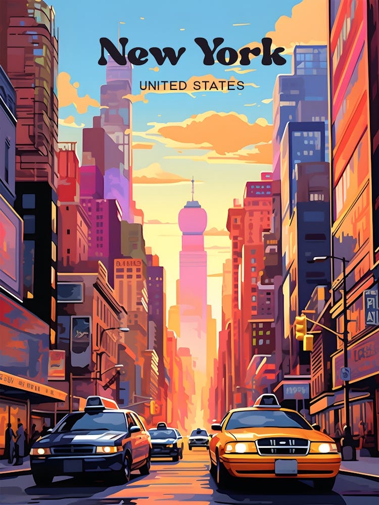 New York United States Yellow Taxi Modern Travel Illustration