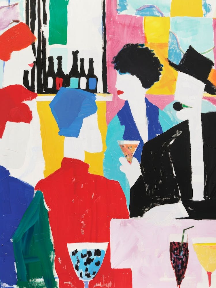 Colorful People In Café. Abstract Urban Scene Collage Style