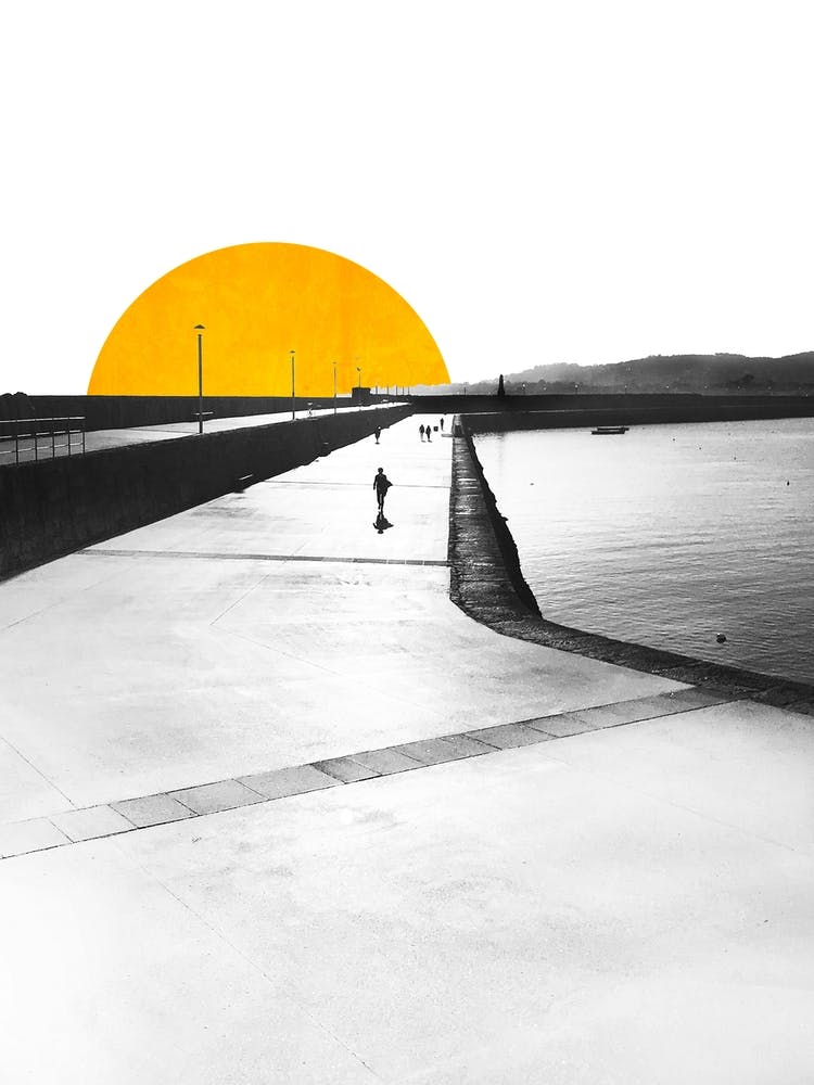 Black & White Pier With Yellow Sun