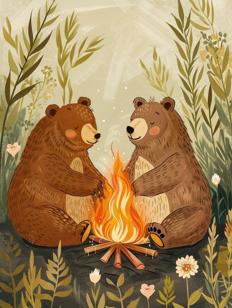 Braunbär Zwei Bären sitzen zusammen an einem Lagerfeuer Märchenbuchillustration 4