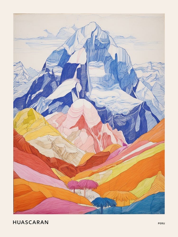 Huascaran Peru 2 Colourful Mountain Illustration Poster