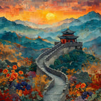 Great Wall Of China at sunset, retro collage