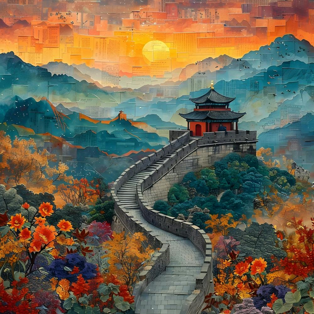 Great Wall Of China at sunset, retro collage