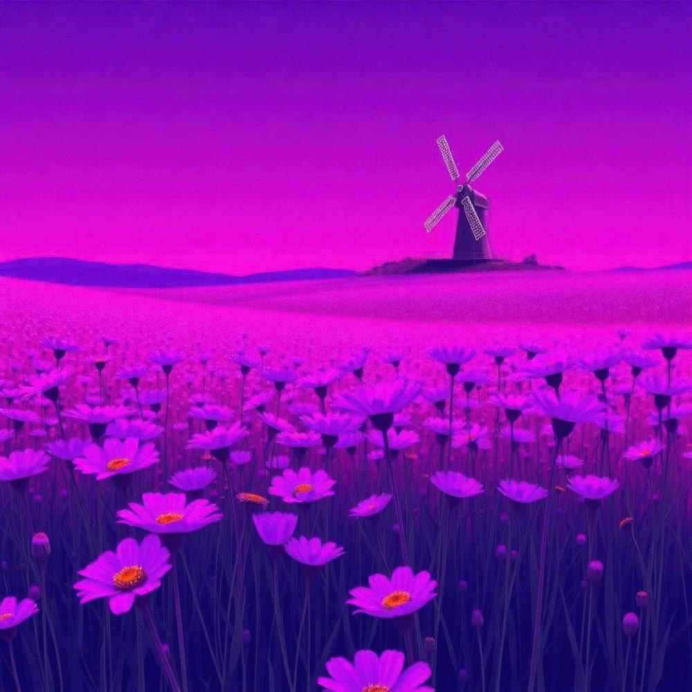 Purple Flower Field With Windmill