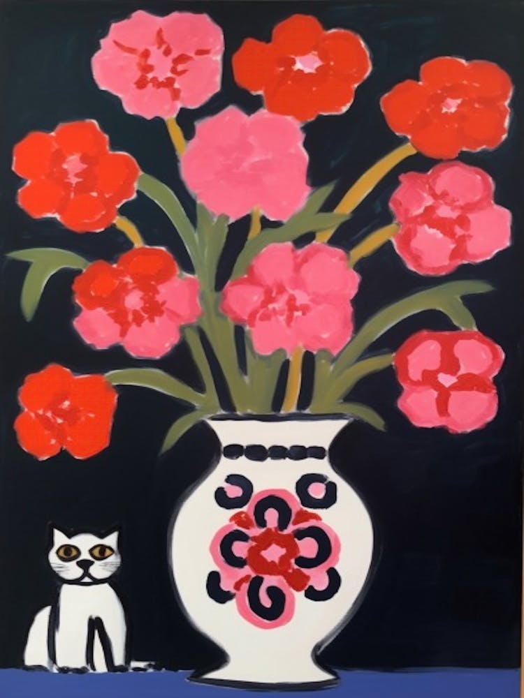 A Painting Of A Still Life Of A Carnations With A Cat In The Style Of Matisse 3