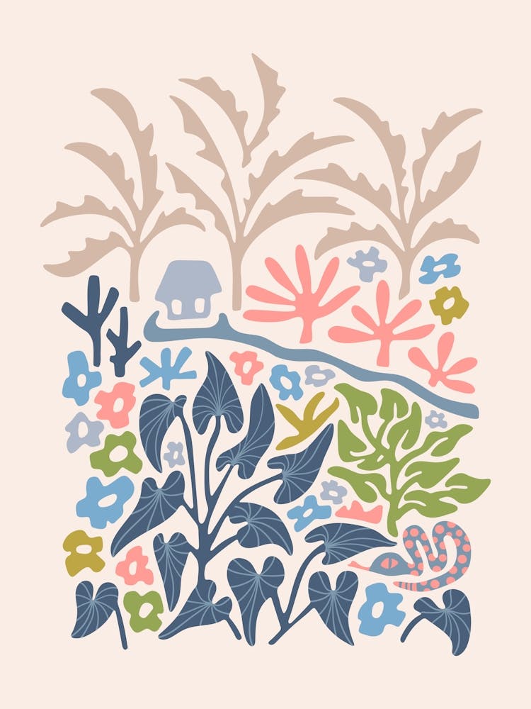 SNAKE IN THE GRASS-2 Abstract Tropical Floral Botanical with Jungle Palm Trees and Flowers in Pastel Pink Blue Green and Gray