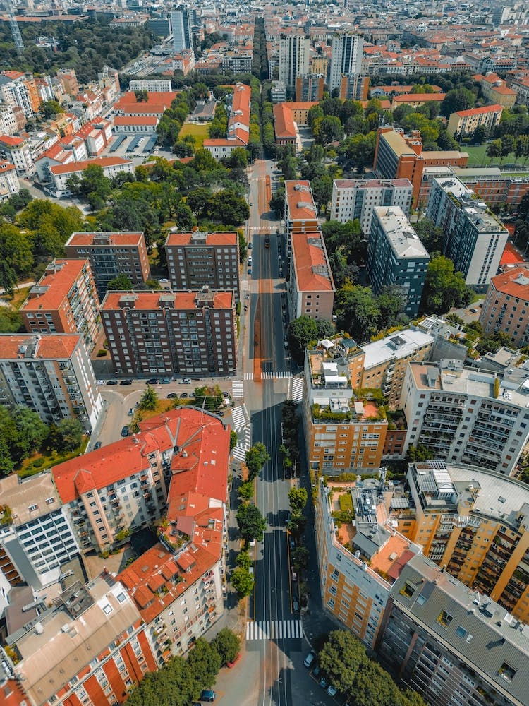 Drone view of historic street in Milan