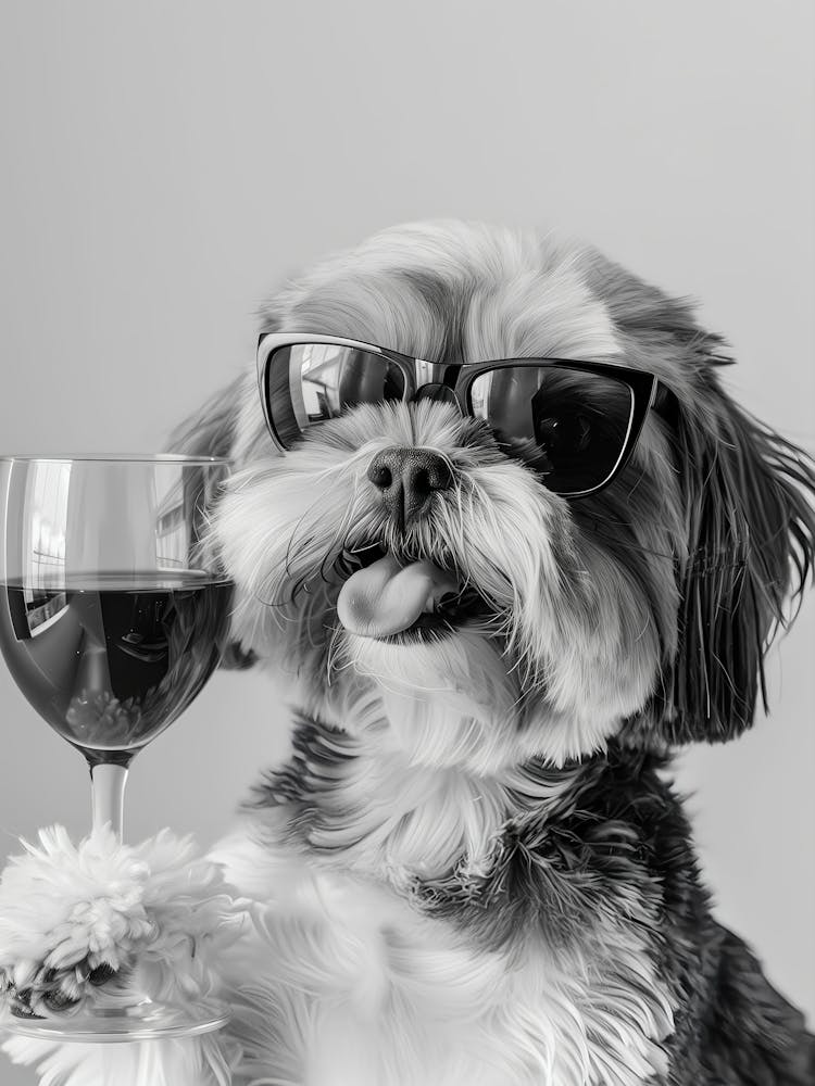 Shih Tzu And Wine Wall Art, Black And White Print, Shih Tszu Gift, Alcohol Print, Bar Cart Art, Funny Dog Poster, Kitchen Wall Decor(1)